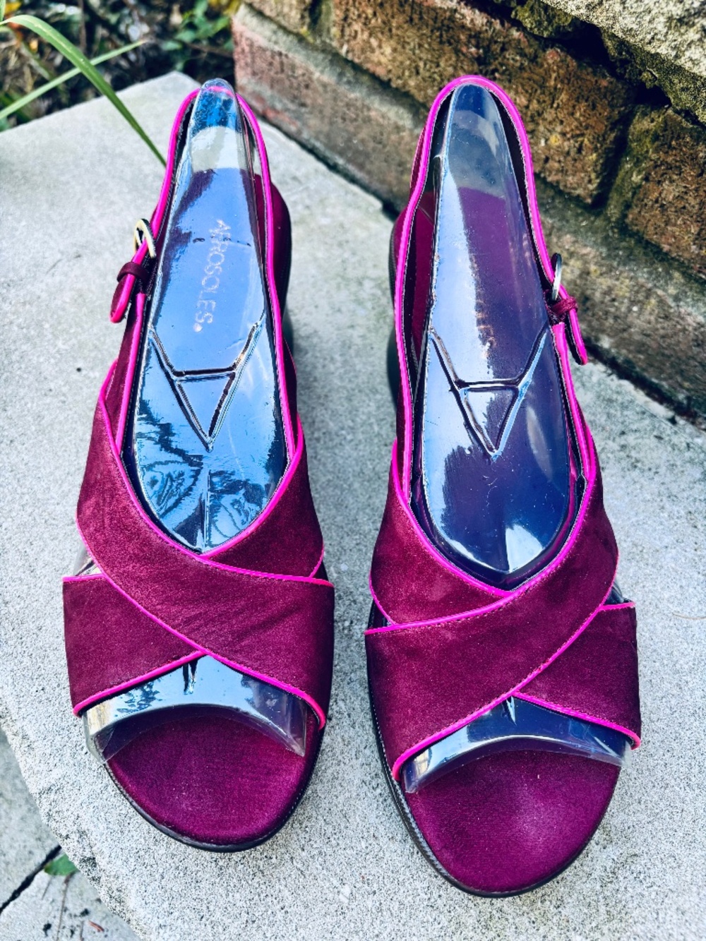 Y2K Aerosoles Burgundy/Hot Pink Wedge Slingback Suede Open Toe Sandals Sz. 10
